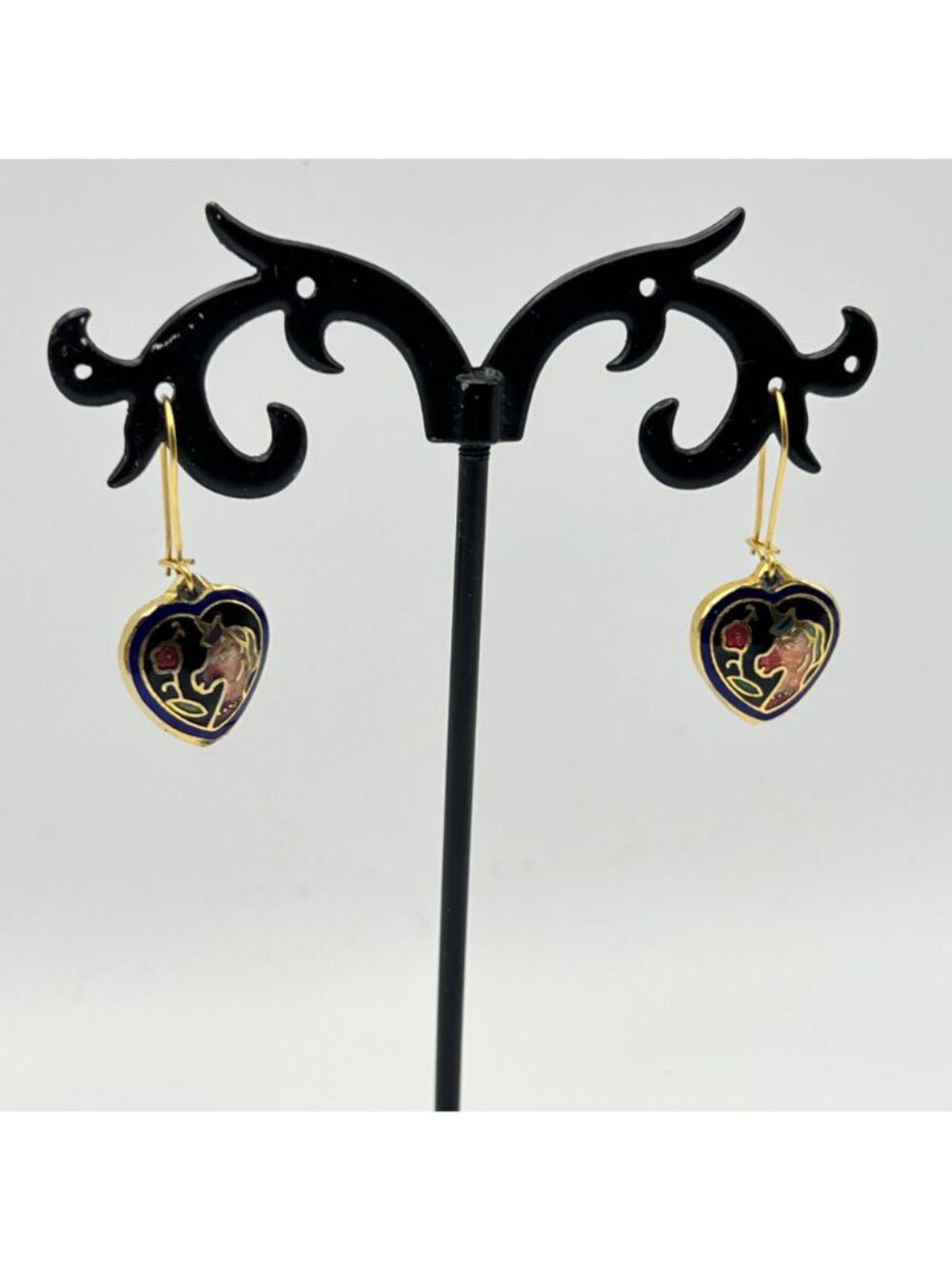 Heart-Shape Cloisonné Earrings Unicorn Gold-Tone Double-Sided Cobalt Blue Black - Picture 5 of 10